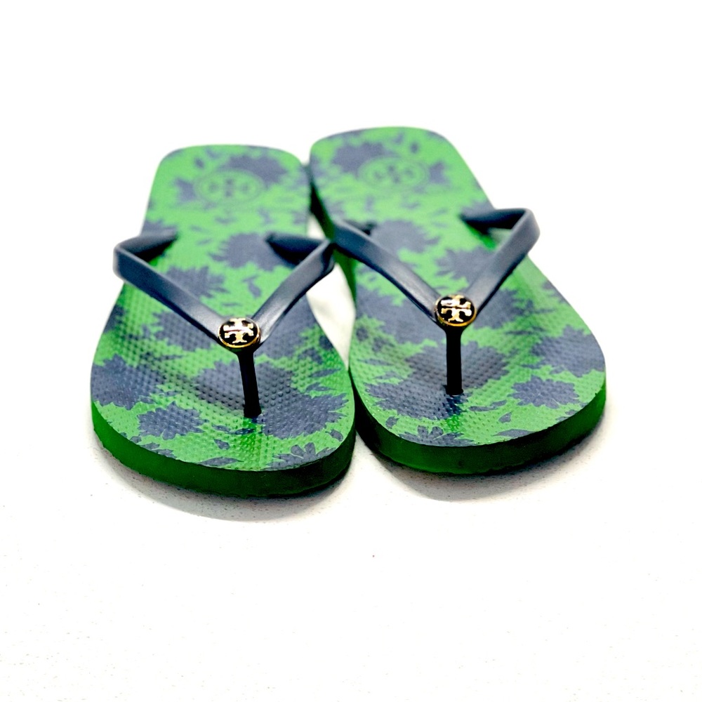 Tory Burch flip flops, navy blue/green, size 7. Like new, with box